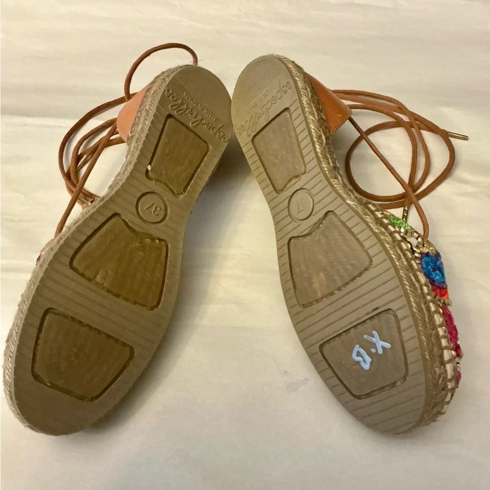 Gaimo Spain Boho Summer Embroidered Espadrille Ankle Tie Sandal Woman SZ 6.5-7